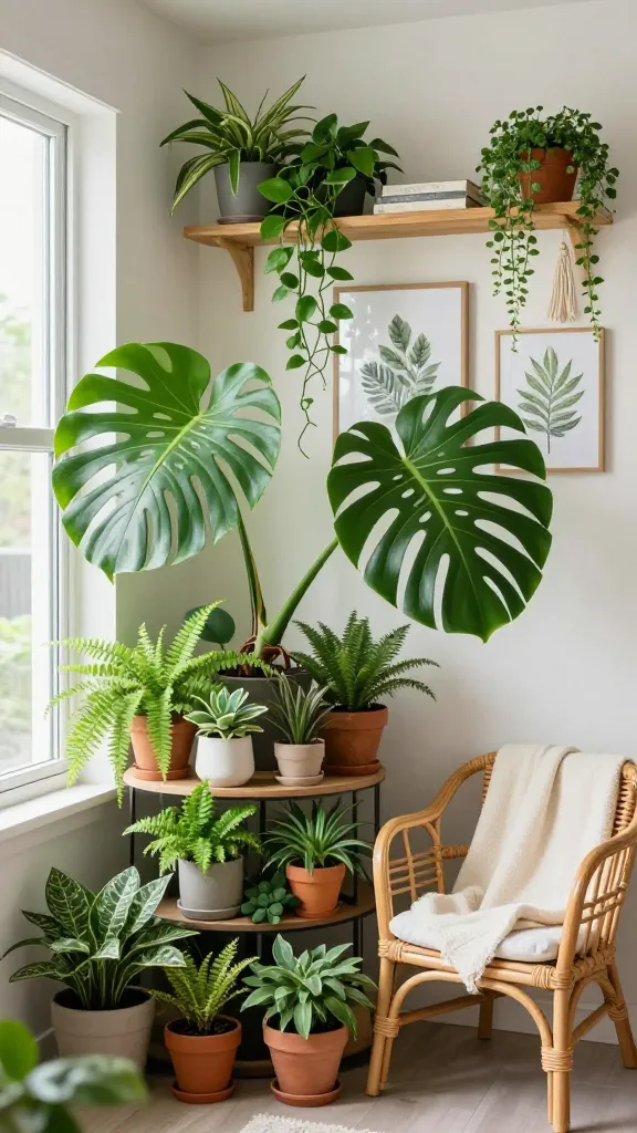 A high-quality, realistic photo capturing a beautifully styled "Urban Jungle Biophilic Bliss" corner within a tiny apartment. The space is lush with vibrant greenery, expertly maximizing verticality. A prominent, healthy, sprawling Monstera Deliciosa anchors the scene near a window, bathed in soft natural light. Adjacent, a multi-tiered plant stand overflows with a diverse collection of smaller potted plants, including ferns, succulents, and peperomia, in various ceramic and terracotta pots. Floating wooden shelves above display cascading Pothos and String of Pearls, interspersed with a few minimalist books. Macrame hanging planters add more trailing foliage from the ceiling. The wall features framed botanical prints, seamlessly blending with the living greenery. A small, inviting rattan armchair with a cream-colored throw sits nestled amongst the plants, suggesting a cozy reading nook. The overall aesthetic is fresh, invigorating, and incredibly stylish, with a focus on natural textures and abundant plant life. No text on image.