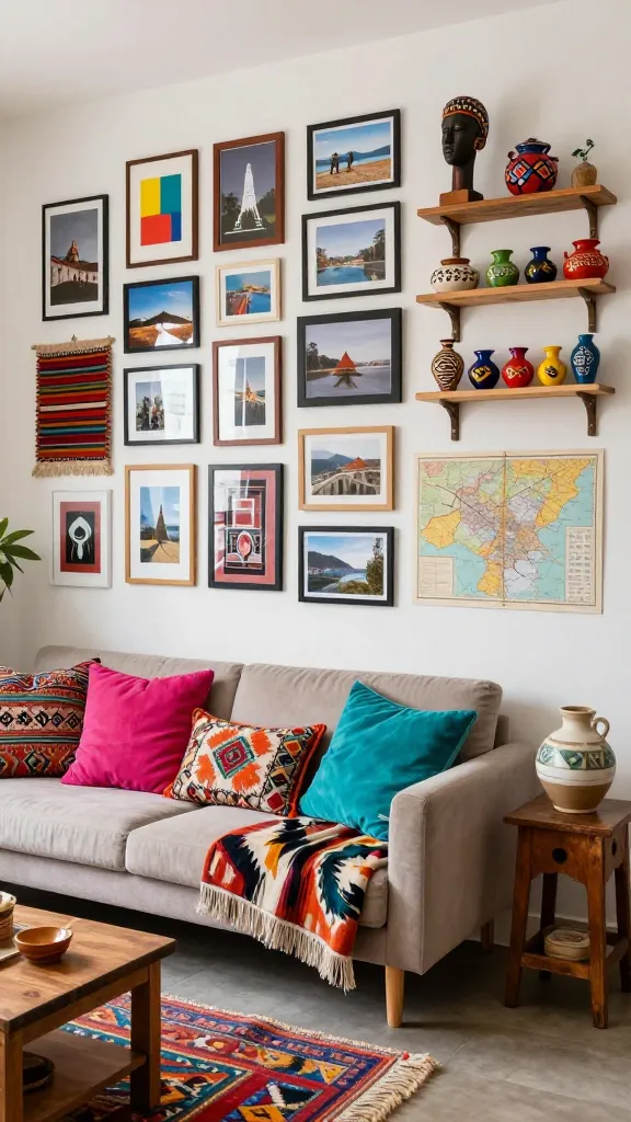 A high-quality, realistic photo of a cozy, stylish living area in a tiny apartment, embodying an 'Eclectic Explorer's Gallery' theme. A vibrant, densely packed gallery wall dominates one side, showcasing a diverse mix of framed travel photographs, abstract art, small woven textiles like mini-Kilim rugs, and vintage maps, all in varying frame styles and sizes. A compact, modern sofa in a neutral color is richly layered with global textiles: an ikat throw, and an array of patterned and brightly colored throw pillows (e.g., embroidered, tribal, fuchsia, turquoise). Adjacent is a vintage wooden side table holding a handcrafted ceramic vase. On the floor, a small jute rug is layered with a colorful kilim. Open shelving displays a curated collection of travel treasures like a small African sculpture, Mexican pottery, and unique, brightly colored souvenirs. The space feels personal, joyful, and rich with individuality, despite its small footprint. Natural light illuminates the textures and bold patterns.