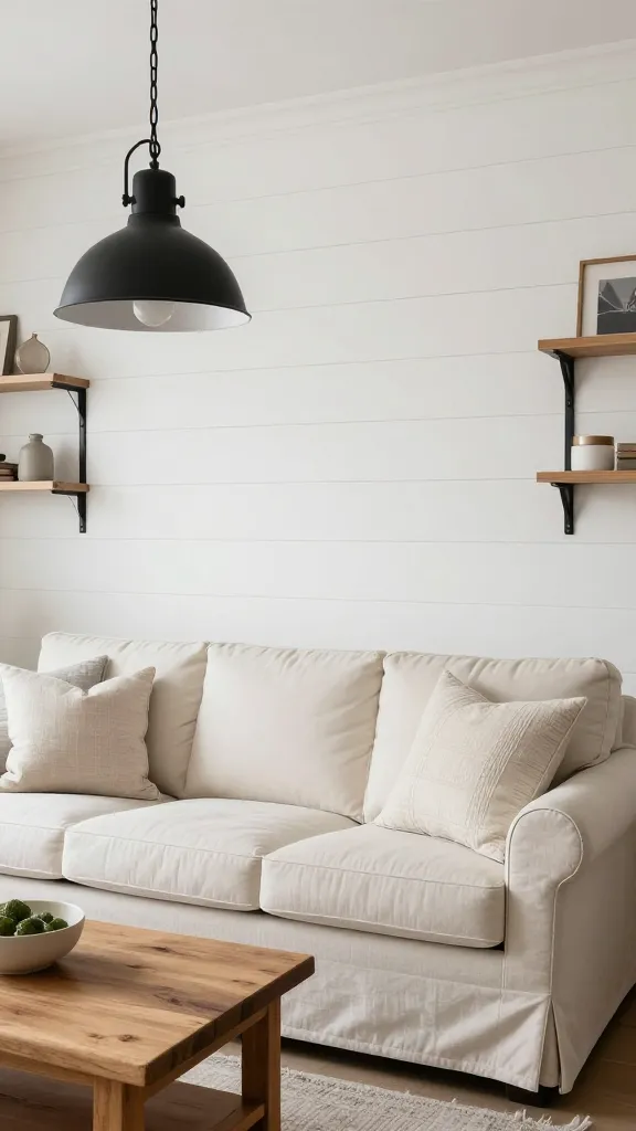 A high-quality, professional interior photograph showcasing an impeccably styled modern farmhouse living area within a tiny apartment. A prominent accent wall features crisp white faux shiplap paneling, providing a clean yet rustic backdrop. A compact, comfortable slipcovered sofa in a soft cream color is positioned centrally, adorned with subtly textured throw pillows. Above, a sleek black metal industrial-style pendant light illuminates the space, complemented by a small rustic wooden farmhouse coffee table in front of the sofa, showcasing its natural grain. Black metal shelf brackets are visible on an adjacent wall, holding minimalist decor. The scene is bathed in soft, natural light, emphasizing the inviting warmth, clean lines, and chic, cozy atmosphere. No text.