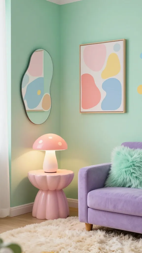 A high-quality, realistic photo of a whimsical wonderland-themed tiny apartment corner, bathed in a soft pastel color palette of dominant mint green, blush pink, sky blue, and lavender, with cheerful pops of coral and yellow accents. In the foreground, a small, scallop-edged side table in blush pink holds a charming mushroom-shaped lamp emitting a warm, soft glow. Above it, an unusually shaped, organic mirror with a subtle frame reflects the room's dreamy ambiance. An abstract art piece with fluid pastel forms hangs on the wall nearby. A fluffy, cream-colored rug covers the floor, complementing a plush, lavender armchair with a fluffy mint green throw pillow. The compact design feels incredibly stylish and enchanting, illuminated by soft, diffused natural light that enhances the playful charm. Professional interior photography, no text.