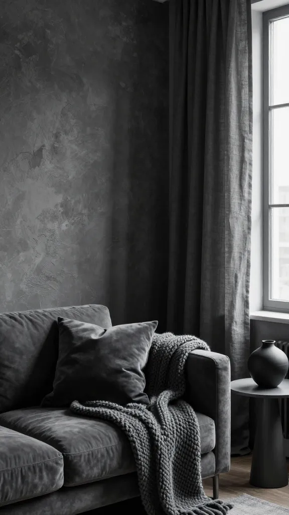 A high-quality, realistic photograph capturing a sophisticated and chic tiny apartment living room, designed with a monochromatic texture play. The dominant color palette is deep charcoal grey, creating a rich and elegant atmosphere. A compact, modern sofa in a dark grey fabric is layered with a luxurious, chunky knit throw and a plush velvet pillow, both in varying shades of charcoal, showcasing diverse textures. The main wall features a subtle, textured charcoal grey wallpaper that adds depth and visual interest. A floor-to-ceiling linen curtain in a slightly lighter grey hangs gracefully by a window, allowing soft, diffused natural light to highlight the different textures. A minimalist dark grey side table holds a smooth, matte black ceramic vase. The composition beautifully illustrates how a limited palette, combined with intense textural focus, creates a dynamic and stylish small space. No text.