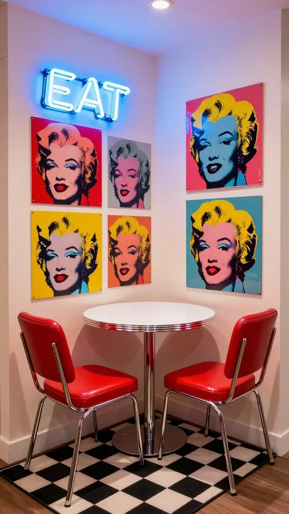 A high-quality, realistic photograph capturing a vibrant Retro Diner Pop Art themed dining nook within a tiny apartment. The compact space features a small, gleaming chrome-legged round white table, flanked by two bright cherry-red diner-style chairs with chrome accents. The wall behind is adorned with several bold, Andy Warhol-inspired pop art prints, showcasing vivid primary colors and graphic imagery. A classic black and white checkered area rug defines the dining zone. Above, a vintage-inspired neon sign glows softly in a cool blue, perhaps depicting a stylized coffee cup or the word "EAT." The scene is energetic, playful, and meticulously styled to maximize the small footprint, bathed in warm, inviting light. No text on image.