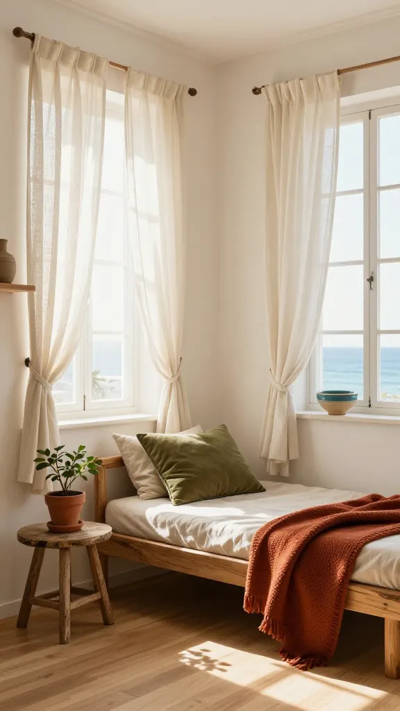 A high-quality, realistic photograph capturing a sun-drenched tiny studio apartment designed in a Mediterranean style. Warm, creamy off-white walls reflect abundant natural light streaming through large windows, where sheer, billowy linen curtains gently sway. A compact, rustic natural wood daybed is adorned with an olive green throw pillow and a deep terracotta textured blanket. A small, distressed wooden side table holds a terracotta pot with a small, leafy plant. A subtle touch of ocean blue is introduced through a ceramic decorative bowl on a nearby shelf. The flooring is a light-toned natural wood, enhancing the bright and inviting atmosphere. The overall scene emphasizes natural textures, rustic charm, and a relaxed elegance, feeling like a mini-vacation in a compact, stylish space. No text.