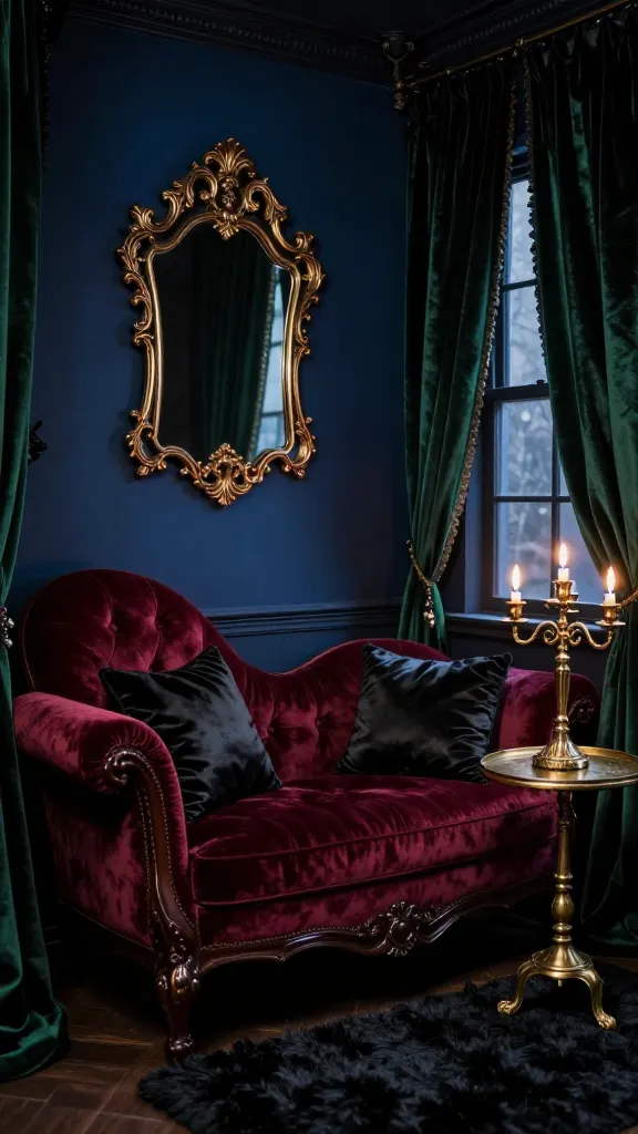 A realistic, high-quality photo of a tiny, incredibly stylish gothic romance boudoir. The intimate space features a luxurious, deep burgundy velvet chaise lounge as its centerpiece, positioned to maximize the small room. Above it, an ornate, dark-framed mirror with intricate gold leaf details reflects the moody lighting. The walls are painted a deep midnight blue, providing a dramatic backdrop. A small, round antique brass side table sits beside the chaise, holding a flickering gold candelabra. Rich, forest green velvet drapes frame a window, adding to the opulent texture. Shimmering black silk throw pillows are artfully arranged on the chaise, and a dark, plush rug covers the floor. The scene is bathed in soft, low light, creating an atmosphere of old-world romance, mystery, and sophisticated intimacy. No text.