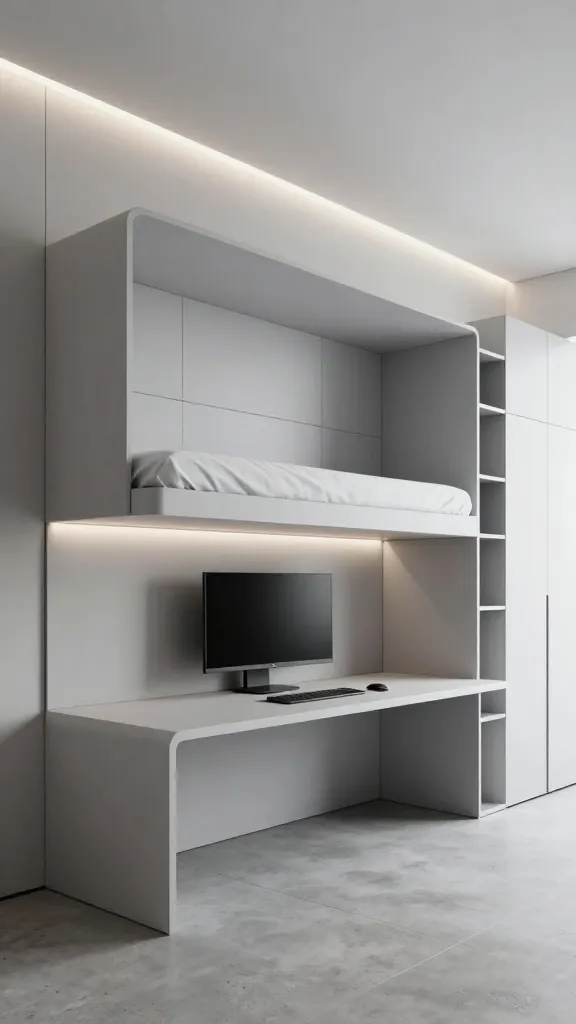 A realistic, high-quality, eye-level photograph capturing a hyper-functional, tech-integrated hub within a tiny apartment. The space exudes a sleek, minimalist, and futuristic aesthetic, dominated by a sophisticated modular wall unit in cool matte grays and crisp whites. A streamlined, minimalist desk, part of a transforming wall bed system, is fully deployed, featuring an integrated ultra-wide monitor and a discreet wireless charging pad flush with its surface. The wall bed itself is seamlessly retracted above the desk, completely hidden from view. Adjacent to this, a wall of flush, handle-less panels conceals hidden storage compartments and built-in shelving, illuminated by integrated, soft LED strip lighting that also subtly outlines the ceiling and floor edges. The floor is a light, polished concrete. The overall impression is one of extreme efficiency, clever space utilization, and advanced technology, making every inch work harder in an incredibly streamlined manner. The room is immaculate and uncluttered. No people, no text.