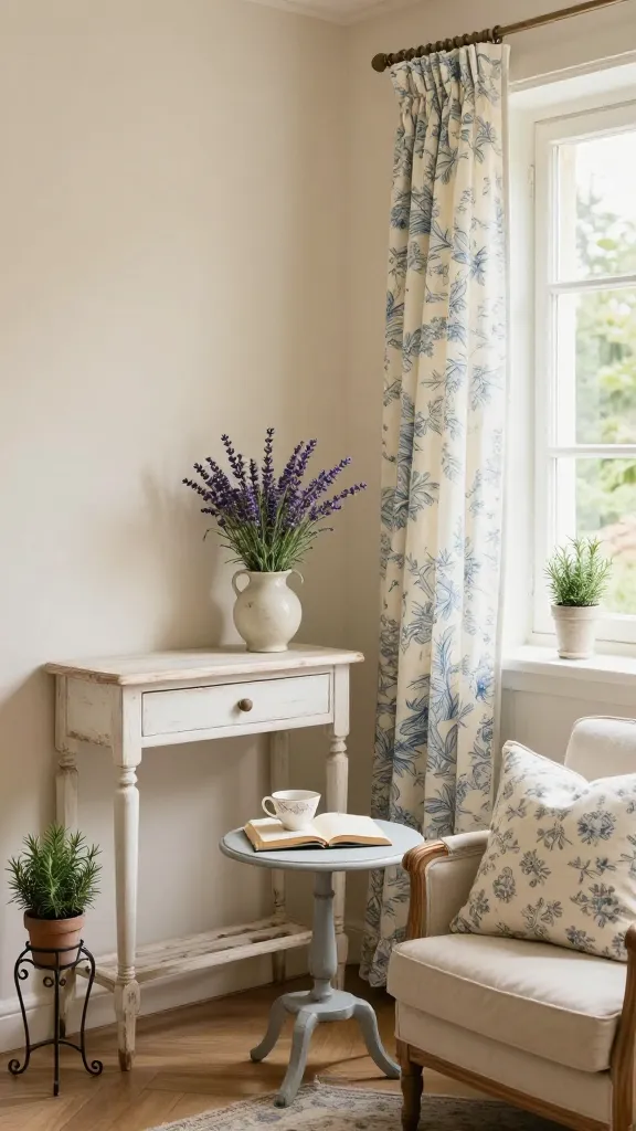 Photorealistic, high-resolution image of a charming, compact living area within a tiny apartment, exuding French countryside elegance. A distressed white wooden console table, holding a small ceramic vase with fresh lavender and wildflowers, is positioned against a soft, creamy off-white wall. Adjacent to it, a small distressed light grey side table features a vintage-style teacup and an open book. A window to the side is adorned with sheer curtains showcasing a delicate blue and white toile de Jouy pattern, allowing soft, natural light to gently illuminate the space. In a nearby corner, a slender wrought iron plant stand holds a small potted rosemary plant. A plush throw pillow with a subtle floral pattern rests on a small, inviting armchair, completing the effortlessly charming and incredibly inviting atmosphere, reminiscent of a sun-drenched Provence cottage. Professional interior photography, warm lighting, shallow depth of field, no text.