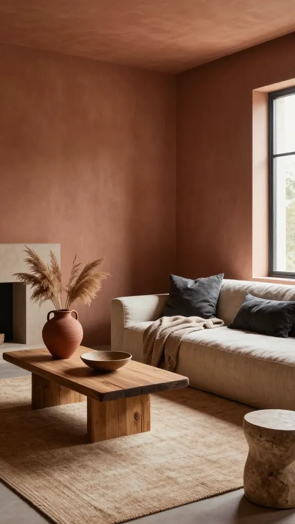 A high-quality, professional interior photograph of a tiny apartment living space designed as a minimalist earthy sanctuary. The room features a deeply calming color palette dominated by warm, muted tones: clay-colored walls, a large sand-toned area rug, and a low-profile sofa upholstered in raw linen. Soft terracotta accents appear in a handcrafted ceramic vase holding dried grasses and a decorative bowl on a simple, raw, unfinished wood coffee table. Grounding accents of muted charcoal are present in a textured throw pillow and a small, natural stone side table. All furniture exhibits organic shapes, with a focus on natural textures. A wool throw blanket is draped casually over the sofa. Soft, diffused natural light streams in from a window, highlighting the tactile qualities of the materials. The space feels serene, uncluttered, and profoundly authentic. No text.