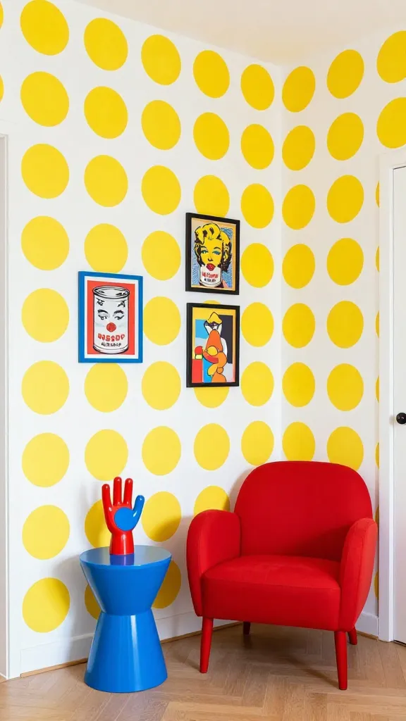 A vibrant, high-resolution photo capturing a tiny apartment living space designed with a playful Pop Art punch. The focal point is an accent wall boldly covered in large, graphic polka dot wallpaper, featuring bright yellow dots on a crisp white background. In the foreground, a sleek, bright red primary-colored armchair with a mid-century modern silhouette sits beside a small, electric blue cylindrical side table. On the wall above the side table, a collection of iconic pop art prints in colorful frames (e.g., Warhol-esque soup cans, Lichtenstein-style comic panels) creates a dynamic gallery. A quirky, oversized decorative piece, such as a large, stylized hand sculpture or a vibrant abstract form, is placed on a minimalist shelf or the floor. The space is flooded with abundant natural light, enhancing the explosion of vibrant colors and graphic patterns. The overall aesthetic is energetic, quirky, and stylish, showcasing a compact area that feels like a living piece of art. No text.