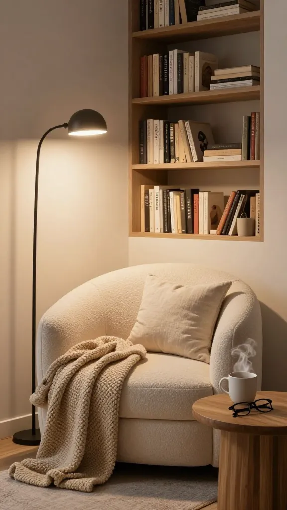 A high-quality, realistic photo capturing an incredibly cozy and stylish reading nook, expertly designed within a small corner of a modern tiny apartment. The focal point is a plush, oversized cream-colored boucle armchair, draped with a soft, chunky knit throw blanket in a warm beige and adorned with two supportive linen pillows. Integrated seamlessly into the wall beside the armchair is a compact, custom-built bookshelf, neatly filled with a curated collection of diverse books. A sleek, minimalist floor lamp emits a warm, ambient glow, casting soft shadows that enhance the intimate atmosphere. On a small, round wooden side table, a steaming ceramic mug rests beside a pair of reading glasses. The overall scene conveys serenity, comfort, and smart space utilization, creating a perfect sanctuary for literary indulgence within a limited footprint.