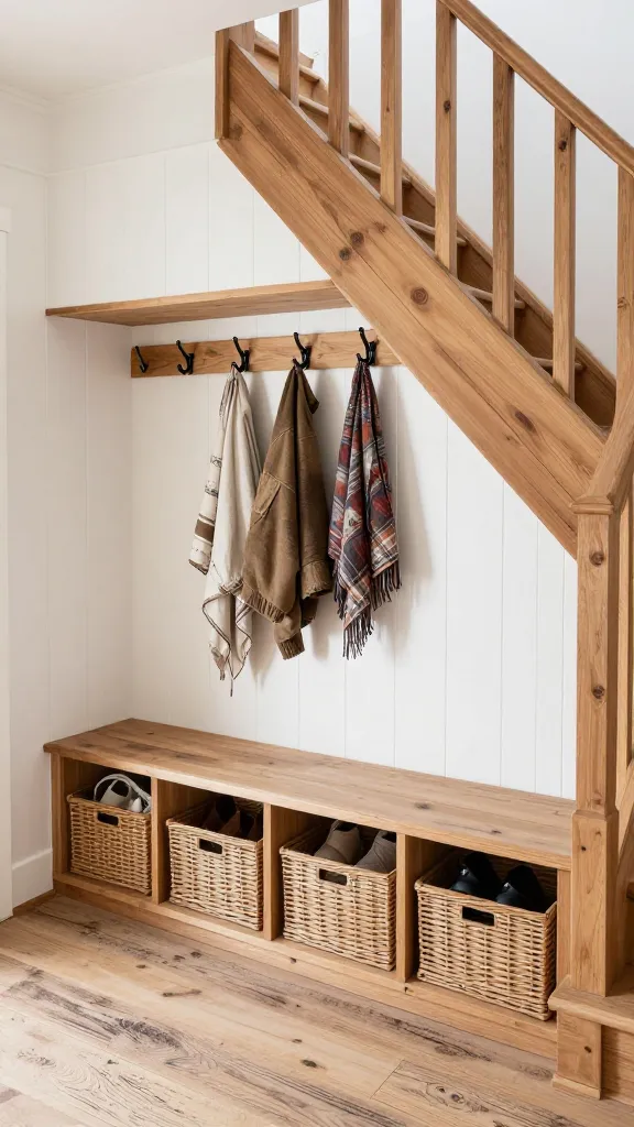 A high-angle, realistic photo capturing a charming rustic farmhouse mudroom cleverly integrated into the space directly beneath a light-toned wooden staircase. A sturdy, natural wood built-in bench serves as the focal point, flanked by crisp white beadboard paneling that extends up the wall. Above the bench, a row of robust, matte black iron hooks holds a few rustic jackets and scarves. Below the bench, a series of natural woven wicker pull-out baskets are neatly tucked into custom cubbies, showcasing practical storage for shoes and small bags. The scene is well-lit with soft natural light, highlighting the textures of the wood, beadboard, and wicker, creating a warm and inviting entryway. The flooring is a durable, distressed light wood, complementing the farmhouse aesthetic.