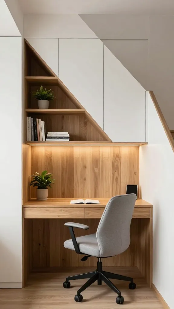 A medium shot, eye-level photograph of a sophisticated, hidden home office seamlessly integrated under a modern, light-toned wooden staircase. A custom-built, warm oak desk surface fits snugly into the alcove, perfectly sized for the space. A comfortable, light grey ergonomic office chair is positioned at the desk. Above the desk, a thoughtfully designed arrangement features open shelving on one side, displaying a few neatly stacked books and a small potted plant, contrasting with sleek, handleless white closed cabinets on the other side for discreet storage. Integrated LED strip lighting illuminates the workspace from beneath the upper cabinets. A subtle pull-out keyboard tray is visible beneath the desk. The scene is clean, functional, and stylish, emphasizing clever space utilization. Soft, natural light streams in from the side, highlighting the textures and modern design. High-quality, realistic photography, no text.