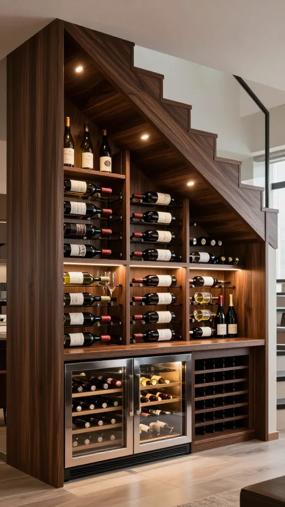 A high-quality, realistic photograph of a sophisticated under-stair wine cellar display, seamlessly built into the space beneath a modern, elegant staircase. Custom-crafted wine racks of rich, dark wood hold an impressive collection of various wine bottles, arranged artfully. Integrated, warm dimmable spotlights are strategically placed to highlight and dramatize each bottle, casting a luxurious glow. A sleek, built-in wine fridge for whites and sparkling wines is discreetly incorporated at the base, topped by a narrow, polished dark wood counter suitable for decanting or serving. The overall atmosphere is one of refined elegance and functional artistry, transforming the often-unused under-stair area into a captivating statement piece for entertaining. Shot with a wide-angle lens, excellent depth of field, professional interior photography.
