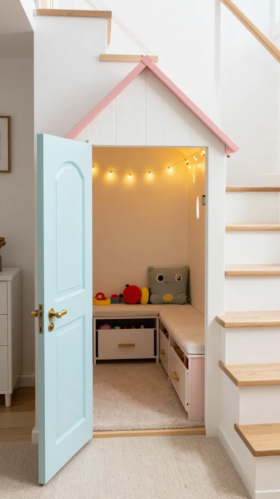 A high-quality, realistic photo of a whimsical under-stair kids' hideaway and toy storage. The custom-built playhouse-style entrance features a small, charming pastel-colored door, slightly ajar to reveal a cozy, carpeted nook. Inside, low-level pull-out drawers are neatly organized with colorful toys, and a small built-in bench with a soft cushion serves as a reading spot. A delicate string of warm fairy lights illuminates the interior, casting an enchanting glow. The surrounding modern staircase frames this magical space, emphasizing its clever integration into the home. Bright, natural lighting, sharp focus, no text.