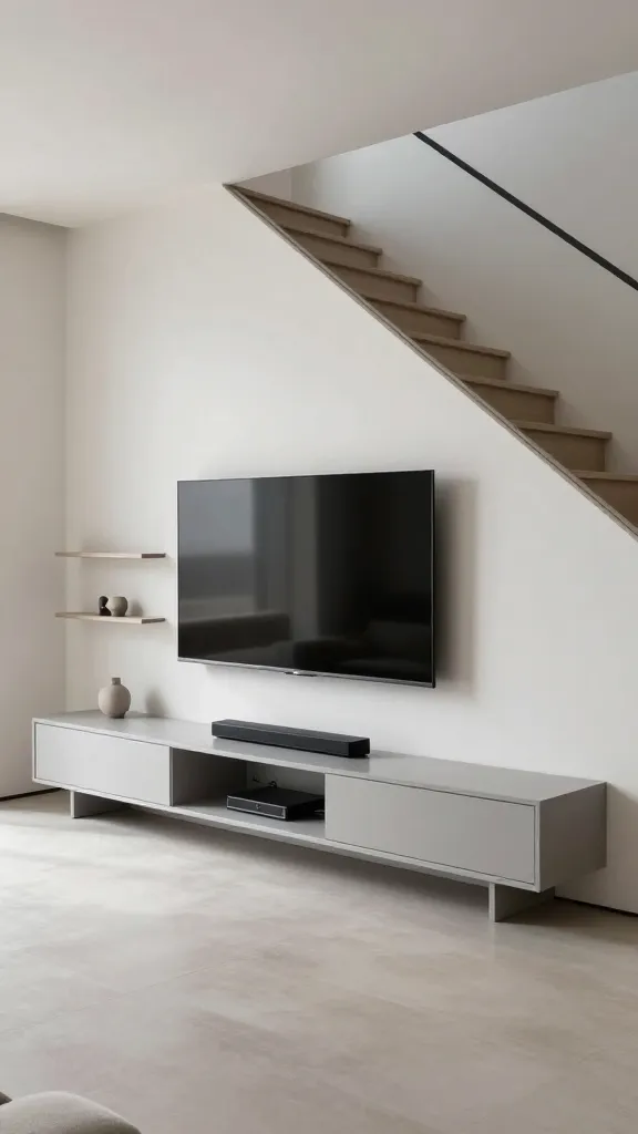 A high-quality, realistic interior photograph showcasing a modern minimalist living space. The focal point is a sleek, custom-built media center seamlessly integrated under a clean-lined, contemporary staircase. The media center features a low, wide console cabinet crafted from a smooth, matte light gray lacquer, equipped with push-to-open, handle-less doors that completely conceal all wires and entertainment devices. Above the console, a large flat-screen television is wall-mounted, sitting perfectly flush with the wall. To one side, two discreet open shelves, matching the console's finish, display a minimalist decorative object and a sleek soundbar. The design emphasizes extreme tidiness, functional elegance, and a clutter-free aesthetic, illuminated by soft, natural light filtering into the room.