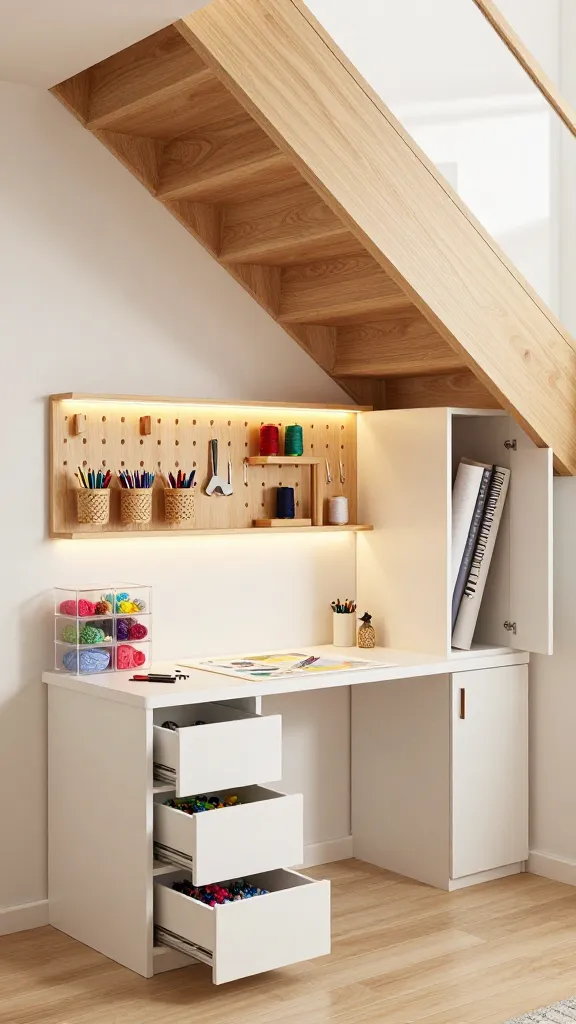 A high-resolution, realistic wide-angle photograph capturing a beautifully organized under-stair craft and hobby station. The underside of a modern, light wood staircase forms the architectural ceiling of this dedicated workspace. A custom-fitted, sturdy white workbench is positioned snugly beneath the stairs, illuminated by integrated warm LED strip lighting. To one side, integrated shallow drawers are slightly ajar, revealing neatly arranged small craft tools. Above the workbench, clear acrylic bins are stacked, showcasing colorful materials like yarn and beads. Adjacent to the workbench, a tall, narrow cabinet, integrated flush with the wall, has one door slightly open to reveal rolls of fabric and craft paper standing upright. A stylish wooden pegboard is mounted on the wall above the workbench, displaying various hooks holding frequently used items like spools of thread and small baskets with pens. A half-finished art project or sewing project sits on the pristine workbench, giving a sense of creative activity. The overall scene is clean, functional, and inspiring, with excellent, inviting lighting and sharp focus.