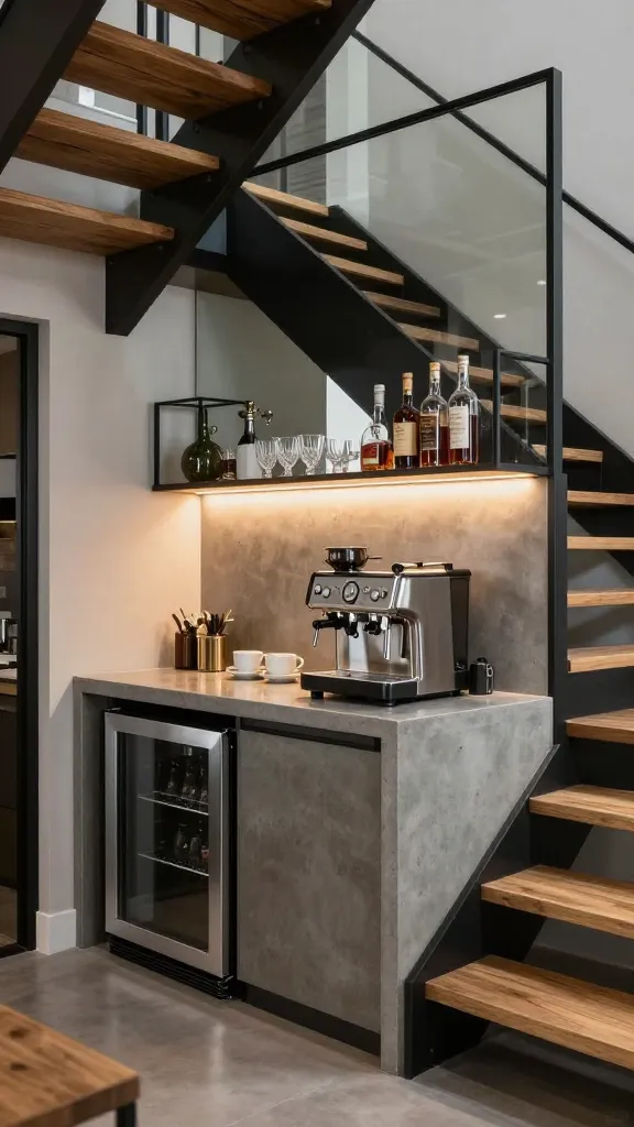 A high-resolution, eye-level photograph capturing a sophisticated urban loft-style bar and coffee station seamlessly integrated into the under-stair space of a modern apartment. The compact concrete countertop gleams under warm, recessed LED lighting, featuring a sleek, built-in stainless steel espresso machine and a few stylish ceramic coffee cups. Above the counter, minimalist black metal open shelving displays an artful arrangement of crystal tumblers and elegant liquor bottles. Below, a small, integrated beverage fridge is discreetly placed. The entire backsplash is a large, frameless mirror, reflecting the soft, industrial-chic decor of the surrounding loft and visually expanding the space. The modern staircase, with its dark metal framework and light oak treads, frames this functional and stylish nook, emphasizing its clever use of every inch. The scene is well-lit, inviting, and exudes a cool, contemporary vibe.