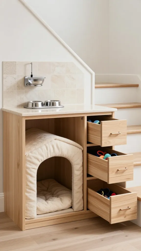 A high-quality, realistic photograph showcasing a sophisticated pet palace seamlessly integrated into the under-stair storage of a modern, bright home. The focal point is a custom-built dog crate, designed as a cozy retreat with a plush bed, occupying the largest part of the alcove. To its side, sleek, handleless pull-out drawers crafted from light natural wood are built flush into the wall, offering organized storage for pet essentials like leashes and toys. Above these drawers, a built-in water and food bowl station is neatly set into a polished, light-toned stone countertop, backed by an elegant, subtly patterned tile backsplash. The area is impeccably tidy, bathed in soft, inviting natural light, emphasizing the thoughtful design and high-quality finishes.