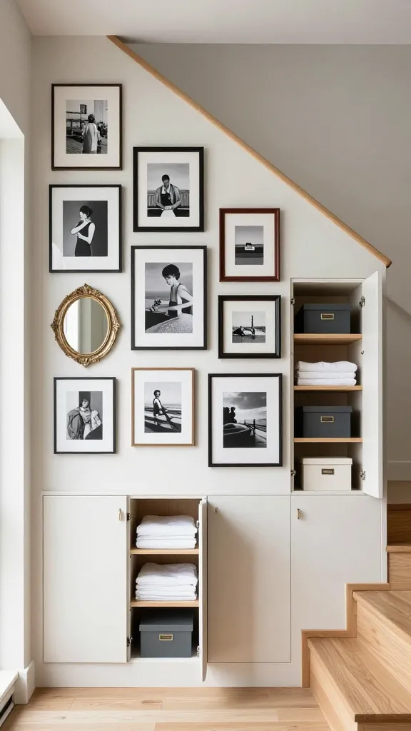 A high-resolution, professional interior photograph showcasing a brilliant under-staircase storage solution. The focal point is a sophisticated gallery wall meticulously curated with an eclectic mix of framed art, black and white photographs, and small decorative mirrors, all mounted directly onto flush, handle-less cabinet doors that seamlessly blend into the light-painted wall beneath a modern, elegant wooden staircase. One or two of these art-adorned cabinet doors are slightly ajar, subtly revealing neat, organized shelves inside filled with folded white linens and stylish storage boxes. Natural light bathes the scene from an unseen window, highlighting the textures of the frames and the overall artistic yet highly functional design. The aesthetic is clean, modern, and art-lover inspired, emphasizing clever hidden utility.