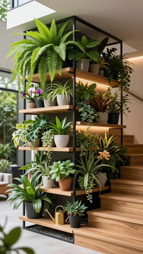 A high-resolution, professional architectural photograph showcasing a sleek, minimalist wooden staircase in a sun-drenched, contemporary home. The space directly beneath the stairs has been ingeniously transformed into a vibrant vertical garden, functioning as a lush, living storage solution. Custom-built, dark metal and light wood tiered shelving units are meticulously arranged, holding an abundant and diverse collection of potted plants: large leafy ferns, delicate orchids, trailing ivy, and various succulents, all varying in size and texture. Warm, integrated LED strip lighting glows subtly from beneath each shelf, illuminating the foliage and emphasizing the depth of the green oasis. A small, elegant brass watering can is neatly tucked into a custom-fitted niche on one of the lower shelves, with a discreet, integrated gravel drainage tray visible at the very base. Long, dramatic trailing plants spill gracefully from the upper tiers, softening the lines of the staircase and creating a captivating, natural focal point. The overall impression is one of sophisticated design, biophilic harmony, and ingenious space utilization. Shot with a wide aperture for a slightly soft background, capturing the texture of the leaves and the quality of light. No text.