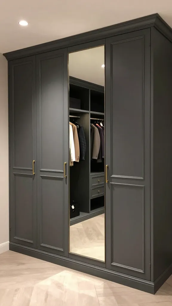 A sophisticated, eye-level, high-quality photograph of a luxurious built-in entryway wardrobe, seamlessly integrated under a contemporary staircase. The full-height cabinet doors boast an elegant paneled design, finished in a rich, deep charcoal grey with subtle, minimalist brass handles. A sleek, full-length mirror is flawlessly integrated into one of the central doors, reflecting a clean and inviting entryway. The wardrobe appears as a custom, high-end closet, perfectly concealing internal storage for coats, hats, and accessories. The surrounding space is uncluttered, bathed in soft, warm ambient lighting, emphasizing the refined details and the grandeur of this functional design. Realistic photo, no text.