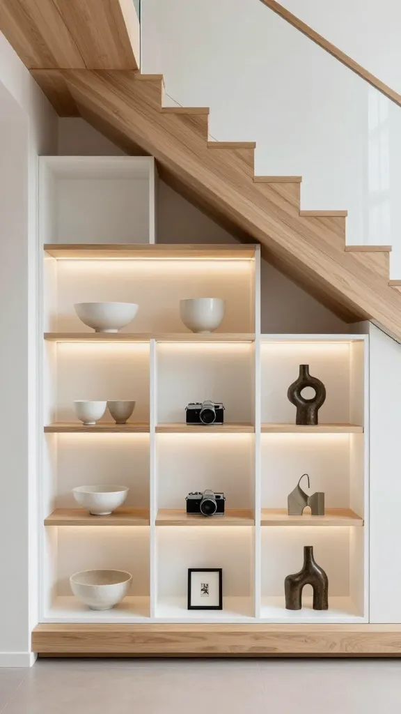 A high-resolution, professional photograph of a contemporary under-stair display alcove in a modern home. The sleek, minimalist staircase, featuring light wood floating treads and a subtle glass balustrade, frames the top of the display. The under-stair area is transformed into a sophisticated gallery with a dynamic arrangement of bespoke open cubbies and shelves, varying in geometric sizes and depths, constructed from a mix of matte white finishes and light natural wood. Each section meticulously showcases a curated collection: a trio of handcrafted ceramic bowls, a vintage analog camera, a small abstract bronze sculpture, and a framed miniature artwork. Integrated warm LED strip lighting subtly illuminates the interior of each cubby, casting a soft glow that highlights the textures and forms of the displayed items. The scene is clean, well-lit, and exudes a sense of calm, artistic curation.