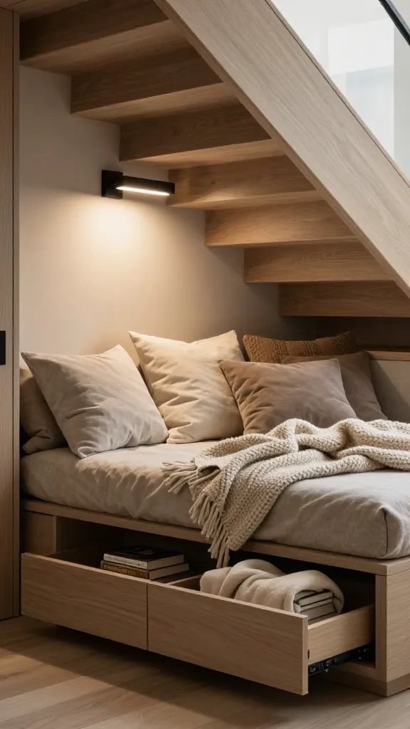 High-resolution, realistic photograph capturing a luxurious and cozy reading nook seamlessly integrated into the space beneath a modern, minimalist staircase. The nook features a deep, built-in bench seat upholstered in a textured, neutral-toned fabric, piled high with plush cream and muted-toned accent cushions and a soft, chunky knit throw. Beneath the bench, two wide, handleless pull-out storage drawers are visible, one slightly ajar revealing neatly stacked hardcover books and a folded, soft blanket. Above the bench, a sleek, adjustable matte black wall-mounted reading light is perfectly positioned. The underside of a contemporary light wood staircase forms the elegant ceiling of the nook, with soft, natural light filtering in from an unseen window, creating a warm and inviting atmosphere. Focus on the intricate details and textures, capturing a sense of sophisticated comfort and highly functional design.