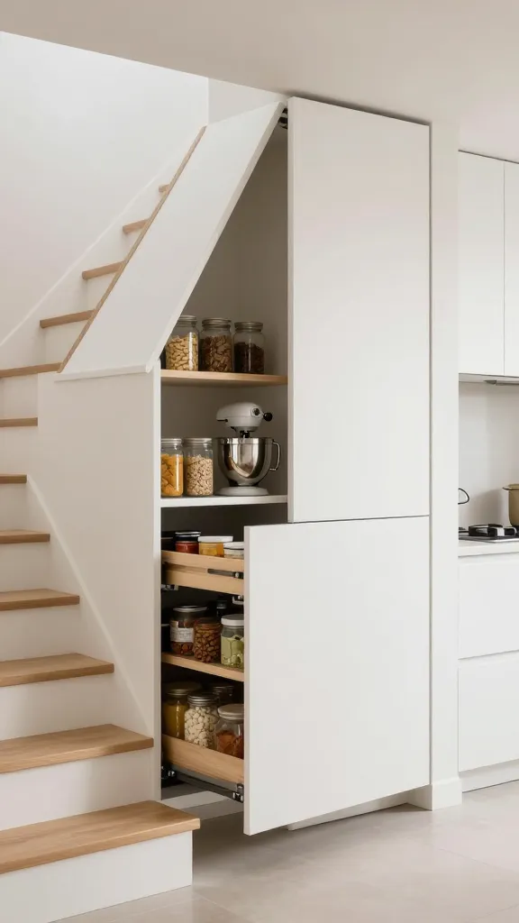 A realistic, high-quality eye-level photo showcasing a modern home interior. A sleek staircase with light wood treads and white risers ascends on the left, its under-stair space ingeniously transformed into a discreet pantry extension. One deep, custom-built pull-out drawer from the under-stair unit is partially open, revealing neatly organized jars of dry ingredients, canned goods, and a small, chrome stand mixer. The exterior of the pantry consists of flush, handle-less white cabinet doors that seamlessly blend with the adjacent minimalist kitchen cabinetry, creating an elegant and integrated look. Soft, natural light illuminates the organized interior, emphasizing the clever use of space. No text.