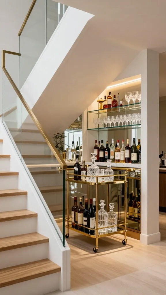 A high-resolution, realistic interior design photograph showcasing a sophisticated, glamorous bar cart garage seamlessly integrated beneath an elegant, modern staircase. The staircase features light oak treads, crisp white risers, and a minimalist glass railing. The custom-built alcove, perfectly sized to house a polished brass and glass bar cart, is lined with a subtle antique mirror backsplash. A sleek, fully stocked bar cart with high-end bottles and crystal decanters is positioned within the alcove, slightly pulled forward to reveal its contents. Above the bar cart, a small, built-in cabinet with clear glass doors elegantly displays additional sparkling glassware and artisan mixers. A discreet, warm LED strip light illuminates the alcove from above, casting a soft, inviting glow that highlights the entire bar setup. The scene exudes refined luxury and intelligent space-saving design.