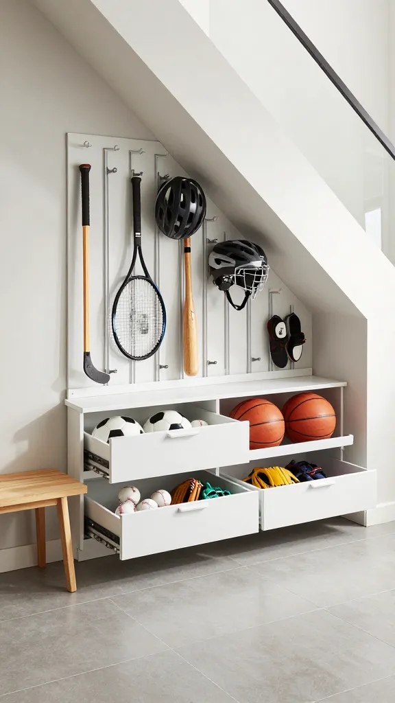 A high-quality, realistic photo showcasing a custom-built sports equipment storage system seamlessly integrated into the under-stair area of a modern home. Sleek vertical slots neatly house tennis rackets, a hockey stick, and a baseball bat. Sturdy, minimalist hooks display a cycling helmet and a baseball catcher's helmet. Below, deep, pull-out drawers with clean handles are slightly ajar, revealing an organized collection of soccer balls, basketballs, and smaller gear like baseballs and mitts. The floor features durable, easy-to-clean large format tile in a neutral grey, and a small, modern wooden bench with a clean design is positioned nearby, ready for lacing up shoes. The area is well-lit by natural light, creating a bright, inviting, and highly functional space. No text.