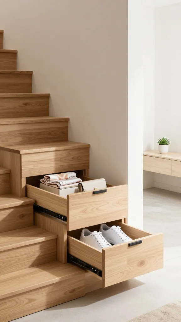 A high-resolution, eye-level photograph showcasing a minimalist, contemporary entryway. A sleek, light-toned wooden staircase ascends on the left, its under-stair wall seamlessly integrated with a series of handle-less, push-to-open storage drawers. One drawer, positioned beneath the second step, is partially open, revealing custom-fitted dividers neatly organizing a pair of pristine white sneakers, a folded silk scarf, and a small, structured clutch bag. The surrounding decor is clean and uncluttered, featuring smooth, off-white walls, a minimalist floating console table with a single small potted succulent, and warm, diffused natural light streaming in from a nearby window, creating a serene and elegant atmosphere. The focus is on the ingenious, discreet storage solution.