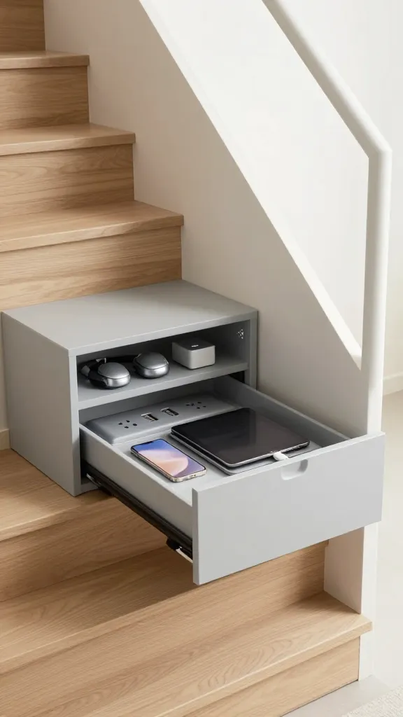 A medium-shot, high-quality photograph of a modern, minimalist interior featuring a sleek staircase with light wooden treads and a clean white stringer. Seamlessly integrated underneath the lower steps of the staircase is a custom-built, flush-panel storage unit in a matte, light gray finish. One deep drawer is slightly ajar, revealing an organized interior fitted with multiple power outlets and USB ports. Inside, a smartphone, a tablet, and a slim laptop are neatly placed in individual padded slots, actively charging with all cables hidden from view. Above this drawer, a small, open recessed shelf holds a pair of wireless headphones and a compact charging cube. The design is exceptionally clean, unobtrusive, and functional, bathed in soft, natural light filtering from a nearby window, highlighting the smart use of space.