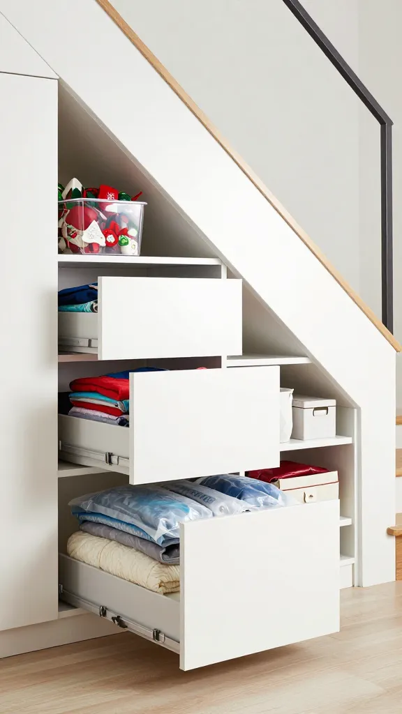 A high-quality, realistic photograph capturing a brilliant under-stair storage solution. The image features a sleek, modern staircase, possibly in light wood or painted white, with a series of custom-built, seamless cabinets and large, deep pull-out drawers integrated beneath its rise. Several of these storage units are partially open, revealing meticulously organized contents: clear bins of colorful Christmas decorations, neatly folded seasonal clothing in vacuum-sealed bags, stacked guest linens, and plush extra blankets. Adjustable shelving is visible within, accommodating various sizes of storage boxes and bins, demonstrating maximum space utilization. The scene is brightly lit, highlighting the clean lines and efficient, accessible organization.