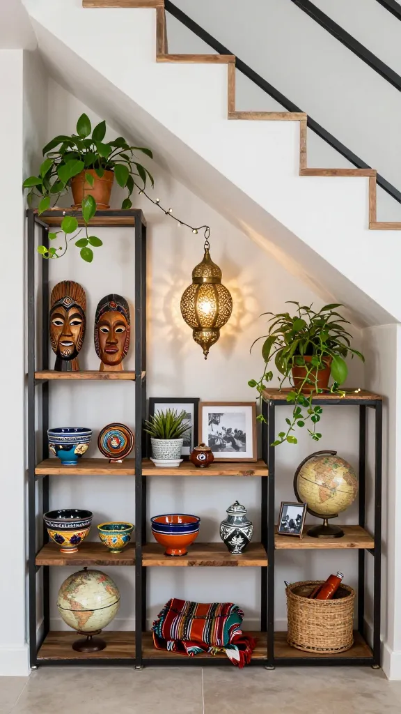 A high-angle, realistic photograph of an eclectic global traveler's display nestled under a modern, minimalist staircase. The under-stair nook features a vibrant arrangement of open shelving units in varying sizes and materials, including rough reclaimed wood planks and dark distressed metal frames. These shelves are artfully filled with a diverse collection of travel souvenirs and artifacts: intricately carved wooden masks, colorful ceramic bowls, small antique globes, framed black-and-white travel photographs, and unique woven textiles draped casually. Lush potted plants with trailing foliage spill from some shelves. Atmospheric lighting is provided by delicate string lights woven through the display and a single, ornate brass Moroccan lantern hanging centrally, casting warm, intricate shadows. The overall scene exudes a bohemian, well-traveled personality, inviting exploration of each unique piece. Sharp focus, natural lighting, interior design photography style.