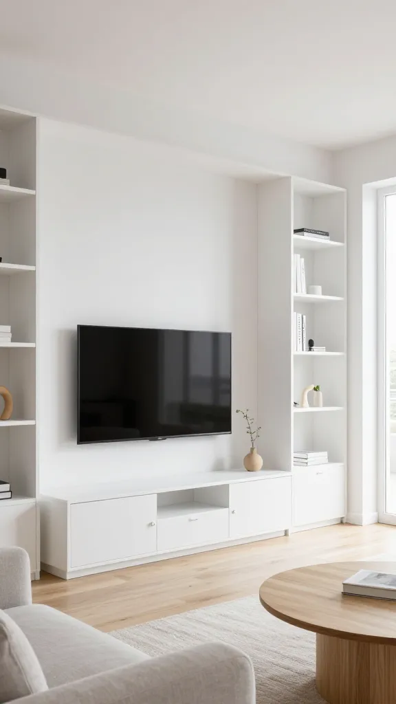 A bright, high-resolution photograph capturing the serene essence of a Scandinavian minimalist living room. The central feature is a sleek, white Ikea BESTÅ TV bench with handleless doors, appearing custom-built and seamlessly integrated below a wall-mounted flat-screen television. Adjacent to it, a series of white Ikea BILLY bookcases line the wall, meticulously arranged to create a cohesive, built-in storage unit. These bookcases display only a handful of thoughtfully chosen, minimalist decor items, such as a single light wood sculpture and a small, delicate plant. The room is bathed in soft natural light from a large window, highlighting the crisp white walls and light oak flooring. A simple, light-toned fabric sofa and a round, light wood coffee table with clean lines complete the tranquil and airy space, embodying a 'less is more' philosophy.