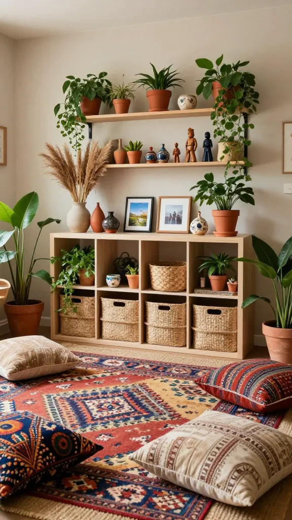 A high-quality, realistic photograph capturing a vibrant and inviting bohemian living room, exuding a well-traveled, relaxed vibe. The central feature is an IKEA KALLAX shelving unit, clearly visible in a light birch effect finish, positioned against a warm, neutral wall. Some of its cubbies are elegantly filled with various natural woven baskets, providing chic hidden storage. The open shelves are thoughtfully styled with an eclectic mix of items: a collection of terracotta pots in different shapes and sizes, holding lush green houseplants; elegant arrangements of dried pampas grass in ceramic vases; and unique, curated travel souvenirs such as small carved wooden figures, decorative global pottery, and framed photos from exotic locations. The floor is a tapestry of layered patterned rugs, featuring a base of natural jute overlaid with colorful, intricate Kilim and Moroccan-inspired designs. Scattered generously on these rugs are plush floor cushions in diverse patterns and natural fabric textures, inviting comfort. An abundance of flourishing green plants, ranging from large potted floor plants to smaller trailing varieties on shelves and hanging, infuses the space with life. Soft, diffused natural light illuminates the room, highlighting the rich global patterns, natural textures, and the overall warm, personal, and effortlessly cool aesthetic. No text.