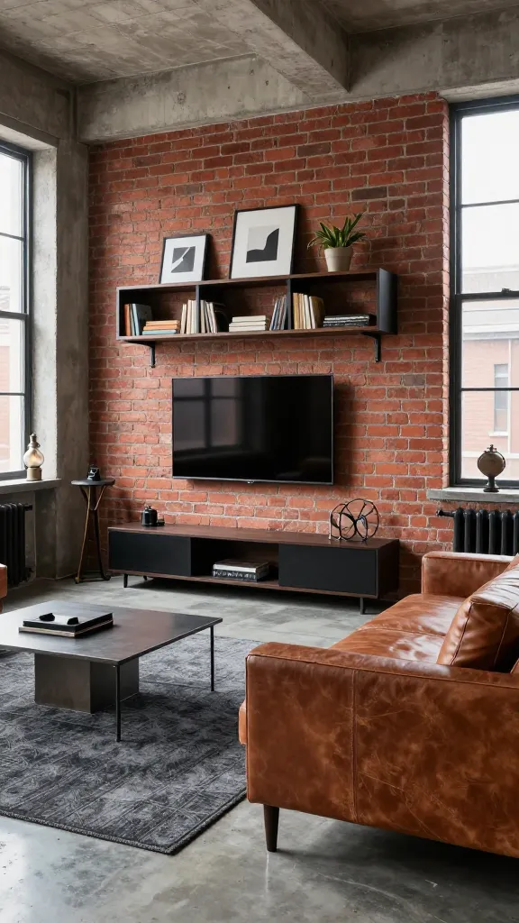A high-quality, realistic photo of an edgy, urban industrial loft living room. A prominent exposed red brick wall serves as the backdrop. Against this wall, a black metal and dark wood IKEA FJÄLLBO shelving unit is expertly styled with a curated mix of vintage books, minimalist art prints, and a small potted plant. Below a wall-mounted television (not visible), a sleek, low-slung black-brown IKEA BESTÅ TV bench provides minimalist media storage. A comfortable, distressed brown leather sofa with clean lines sits on a large, textured charcoal grey area rug. The flooring is polished concrete, reflecting natural light streaming in from large industrial-style windows. Concrete accents, a raw metal coffee table, and a few strategically placed vintage finds, such as an old factory lamp or a unique metal sculpture, complete the rugged yet refined factory-chic aesthetic. The lighting is bright and natural, highlighting the textures and materials.