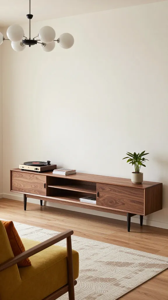 A high-quality, realistic photograph of a stylish Mid-Century Modern living room, bathed in soft, natural light. The central feature is a long, low IKEA BESTÅ TV bench, rendered in a rich walnut wood effect finish, supported by sleek, black tapered legs. It provides ample storage and is elegantly styled with a vintage record player, a stack of vinyl records, and a small, organic-shaped houseplant. Adjacent to the bench, a classic armchair upholstered in a warm mustard yellow sits invitingly, showcasing clean lines and slender teak arms. Above, a prominent Sputnik chandelier with multiple globe lights hangs, adding a true retro flair. The room's palette features dominant teak and walnut wood tones, complemented by accents of olive green and burnt orange in throw pillows and a subtly geometric area rug. The overall design exudes elegant simplicity, clean lines, and organic shapes, creating a warm and inviting atmosphere.