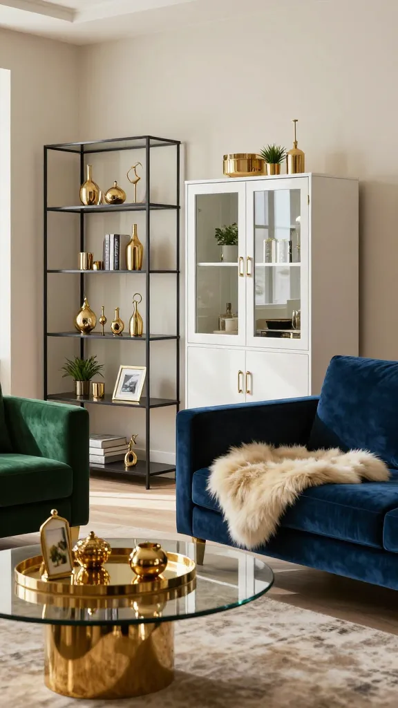 A high-quality, realistic photograph capturing a luxurious and glamorous living room interior, bathed in soft, warm light. Prominently featured are two IKEA storage units: a sleek black metal and glass VITTSJÖ shelving unit, elegantly styled with an array of gold decorative objects, art books, and small plants; positioned alongside it is a high-gloss white BESTÅ storage combination with glass doors, reflecting ambient light and subtly concealing contents. Adjacent to these, a plush velvet sofa in a rich jewel tone (e.g., emerald green or sapphire blue) is adorned with a soft, creamy faux fur throw. Numerous gold accents, including the base of a modern coffee table, decorative trays, and picture frames, sparkle throughout the space, enhancing the sophisticated and reflective feel. No text on images.