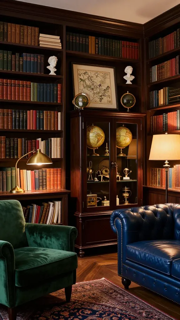 A high-quality, realistic photo of a sophisticated dark academia den, bathed in warm, ambient light. A full wall is meticulously lined with dark brown IKEA BILLY bookcases, overflowing with classic literature, leather-bound books, and an eclectic mix of antique finds including small busts, old maps, and framed botanical prints. Integrated seamlessly into this wall of books, or standing prominently nearby, is a dark brown IKEA HEMNES glass-door cabinet, prominently displaying vintage globes, scientific instruments, and unique curiosities. In the foreground, a plush emerald green velvet armchair and a deep sapphire blue leather Chesterfield sofa invite relaxation. Ambient lighting from a brass desk lamp with a warm glow and a floor lamp with a fabric shade casts soft shadows, enhancing the cozy, mysterious atmosphere. Rich textures of velvet, aged leather, and polished wood are visible throughout the room, anchored by a patterned Persian rug. No text.