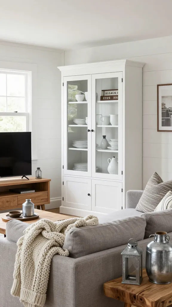 A high-quality, realistic photograph showcasing a modern farmhouse living room that perfectly blends rustic warmth with contemporary clean lines. The prominent feature is a large, pristine white IKEA HEMNES glass-door cabinet, elegantly displaying a curated collection of white ceramic dishware and charming decorative farmhouse signs. Grounding the opposite wall is a low, solid wood-effect IKEA BESTÅ TV bench, topped with a sleek, minimalist television. The walls are clad in crisp white shiplap, enhancing the room's airy feel. A plush, light gray sectional sofa is adorned with oversized, chunky knit blankets and textured throw pillows, inviting comfort. Subtle galvanized metal accents, such as a decorative vase on a natural wood side table and a small lantern, are strategically placed. Soft natural light streams in through a large window, illuminating the space and highlighting the sophisticated yet cozy country comfort. The overall aesthetic is effortlessly stylish and designer-approved, with a thoughtful arrangement of furniture and decor.