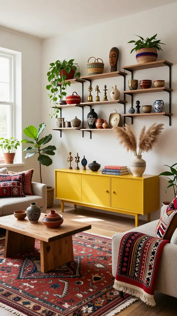 A high-resolution, wide-angle photograph of a vibrant and eclectic living room designed with a global wanderer aesthetic. Natural light streams in from a large window on the left, illuminating the rich textures and colors. On the main wall, a dynamic arrangement of several IKEA KALLAX shelving units of varying sizes creates a striking display. These units are expertly styled with a curated mix of colorful woven baskets from different cultures, unique travel mementos such as carved wooden masks, intricate brass figurines, and hand-painted pottery, interspersed with lush, healthy potted plants like a trailing Pothos and a small Fiddle Leaf Fig. In the foreground, an IKEA IVAR cabinet, boldly painted in a deep saffron yellow, is repurposed as a stylish side table, holding a handmade ceramic vase with dried pampas grass and a stack of vintage travel books. The floor is layered with a rich tapestry of kilim rugs and patterned throws from various origins, leading to a comfortable sofa adorned with an array of mismatched throw pillows featuring ethnic prints and embroidered patterns. Handmade pottery pieces and other personal travel souvenirs are thoughtfully placed on a low, rustic wooden coffee table. The atmosphere is warm, inviting, and full of personality, reflecting a well-traveled and creatively curated space. Sharp focus, natural color palette, no text.
