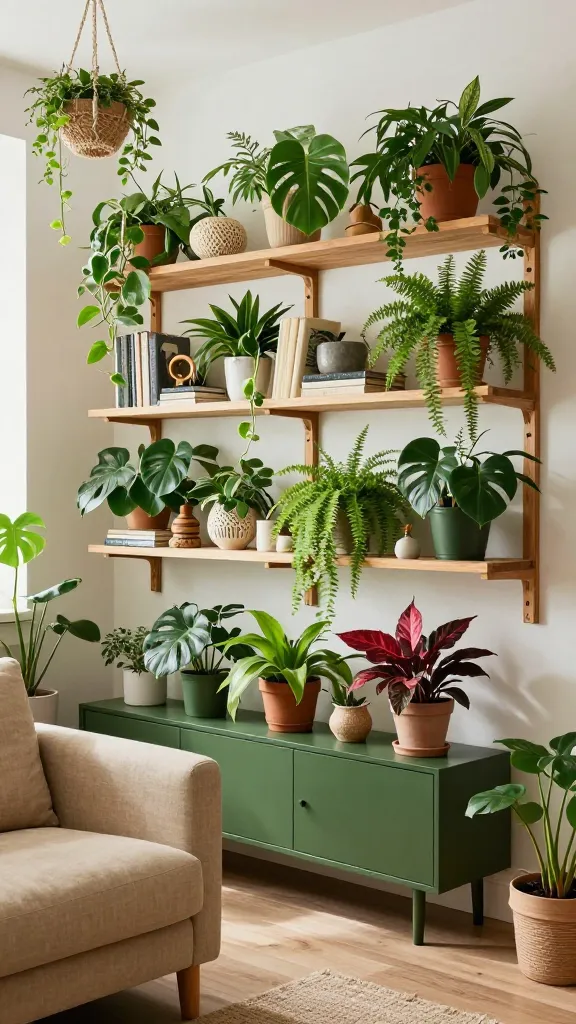 A high-quality, realistic photograph capturing a vibrant urban jungle living room bathed in abundant natural light. Dominating a wall is a raw wood IKEA IVAR shelving system, meticulously styled with a dense collection of potted plants of various sizes and species, including large Monstera deliciosa, trailing Pothos, and delicate ferns. Books with natural covers and artisanal ceramic and wooden decor pieces are interspersed among the greenery. From the top shelves, lush foliage cascades downwards. On the floor nearby, a small, dark green IKEA EKET cabinet serves as a stylish plant stand, holding more vibrant botanical arrangements. Macrame plant hangers suspend additional greenery from the ceiling. The room features a comfortable sofa in an earthy, warm beige linen fabric and a natural fiber rug, enhancing the serene, nature-infused atmosphere. The overall impression is fresh, calming, and visually rich. No text.