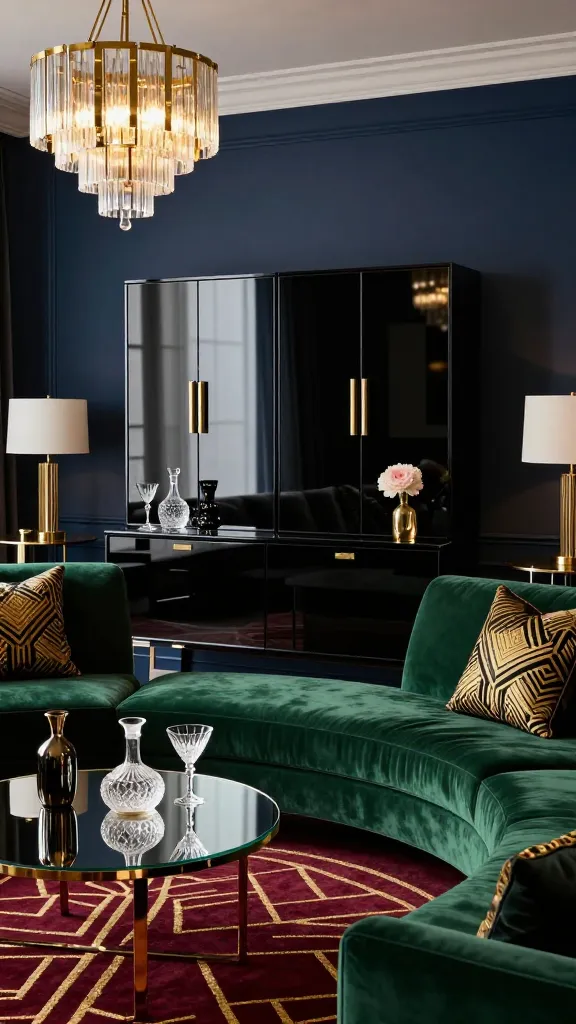 A high-quality, realistic, professional interior photograph capturing an opulent Art Deco Revival living room, exuding sophisticated Roaring Twenties glamour. The central focus is a sleek, dark black IKEA BESTÅ storage combination, prominently anchoring the space against a deep navy feature wall. The BESTÅ unit boasts glossy doors and elegant brass handles, with a clean, modular design. In front of the unit, a luxurious emerald green velvet sofa is arranged, adorned with throw pillows featuring intricate gold and black geometric patterns. A round, mirrored coffee table sits on a rich burgundy rug with a striking gold Art Deco geometric design. Mirrored accents are also visible on a side table holding a stylish brass table lamp. Overhead, a dramatic Art Deco statement chandelier, crafted from gold and frosted glass, casts a warm, inviting glow, hinting at 'cocktail hour, darling.' The room is meticulously styled with elegant crystal cocktail glasses, a vintage decanter, and a single dramatic flower in a gold vase, all resting on the BESTÅ unit or coffee table. Subtle brass and black decorative objects further enhance the luxurious aesthetic. The lighting is soft and atmospheric, highlighting the rich textures, reflective surfaces, and the bold color palette of deep navy, emerald green, burgundy, gold, and black. Sharp focus, incredible detail, no text.