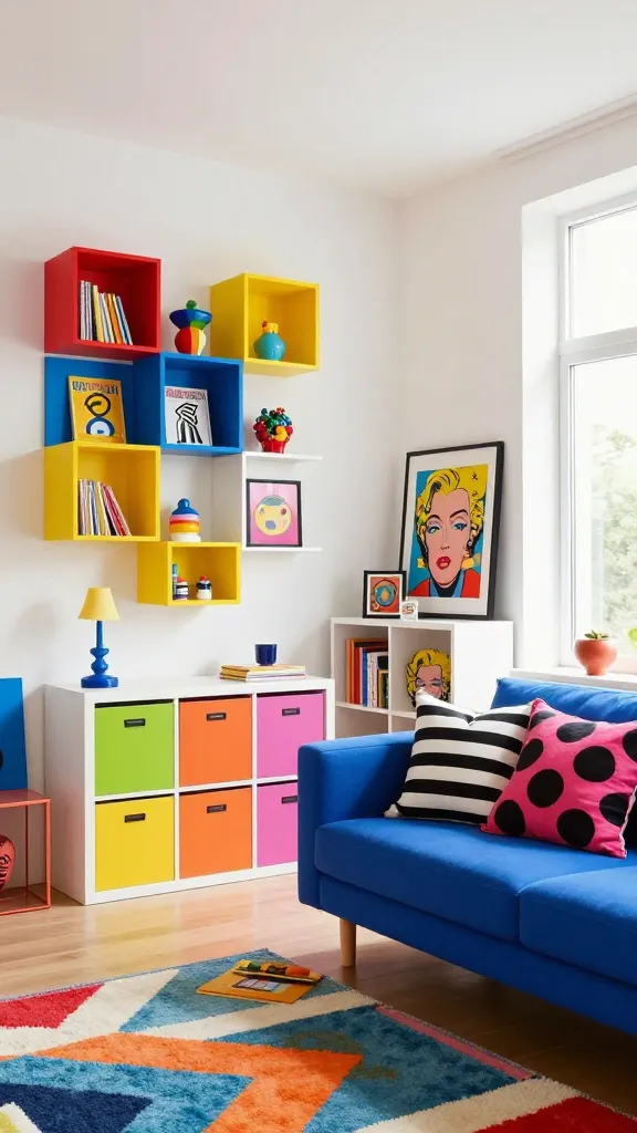 A vibrant and quirky pop art-inspired living room, bursting with playful energy. On a clean white wall, a dynamic, modular arrangement of several EKET cubes in primary colors (red, electric blue, sunny yellow) serves as eye-catching storage, displaying colorful art books and whimsical collectibles. Adjacent to this, a sleek white KALLAX unit holds a mix of brightly colored storage boxes (lime green, orange, magenta) and prominently displays framed pop-art prints featuring bold graphic imagery, such as a Lichtenstein-style comic panel and a Warhol-esque repeated object. The room features a low-slung modern sofa in a bold solid color like electric blue, adorned with throw pillows showcasing contrasting graphic patterns like black and white stripes and large polka dots. A colorful shag rug in a geometric design anchors the space. Bright natural light floods the room from a large window, enhancing the vivid colors and playful atmosphere. The overall aesthetic is fun-loving, full of personality, and exudes a young-at-heart vibe. High-quality, realistic photo, wide-angle, sharp focus.