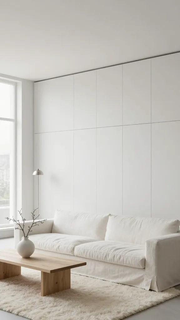 A high-angle, wide shot capturing a serene, monochromatic zen living room bathed in soft, diffused natural daylight entering from a large window on the left. The dominant color palette is all white, with subtle variations in off-white, cream, and very light gray tones to add depth and texture. A prominent feature is a seamless, floor-to-ceiling wall of white IKEA BESTÅ storage units with push-open doors, creating an almost invisible storage solution that blends into the wall on the far side of the room. In the foreground, a low-slung, minimalist sofa upholstered in textured white linen sits atop a plush, off-white sheepskin rug. A simple, light natural wood coffee table with clean lines is positioned in front of the sofa, adorned with a single white ceramic vase holding a delicate branch. A slender, brushed metallic floor lamp stands elegantly in a corner, providing a subtle metallic accent. The overall atmosphere is calming, sophisticated, and uncluttered, emphasizing form, light, and the interplay of subtle textures. No text on images.