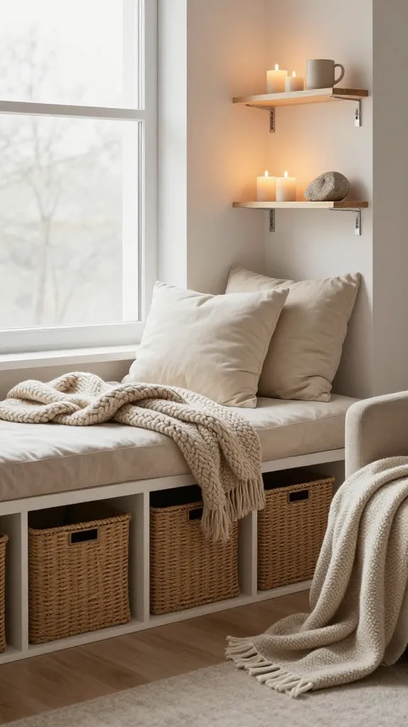 A cozy hygge nook in a living room, featuring a low, horizontal Ikea KALLAX unit positioned under a window, serving as a comfortable window seat. The KALLAX is topped with thick, plush cream-colored cushions and draped with a soft, chunky knit beige throw blanket. Several KALLAX cubes are filled with natural woven storage baskets for hidden storage. Above, small Ikea LACK wall shelves are mounted, displaying a few lit, unscented pillar candles and small, comforting decorative objects like a ceramic mug or a smooth, decorative stone. A pile of soft, layered blankets in muted tones of cream, light grey, and warm beige are casually draped over an adjacent armchair. The space is bathed in soft, warm ambient light, creating an inviting, serene, and utterly snug atmosphere. High-resolution, realistic photography, interior design magazine quality, no text.