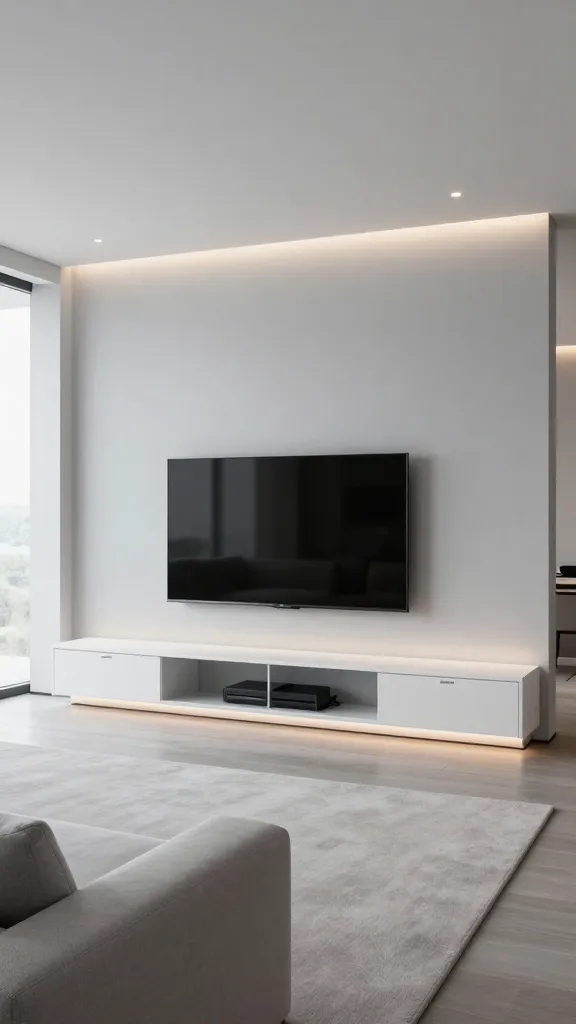 A high-resolution, professional architectural photograph of a meticulously designed, modern living room. The focal point is a large, ultra-thin flat-screen television mounted centrally on a smooth, light gray wall. Beneath the TV, a long, sleek Ikea BESTÅ TV bench in a matte white finish spans the wall, featuring integrated cable management and discreet frosted glass doors that completely conceal media devices. Flanking the TV bench are two matching Ikea BESTÅ storage cabinets, creating a seamless, built-in appearance. All wires and gadgets are entirely hidden from view. The room features minimalist, low-profile seating, such as a light gray modular sofa, arranged to face the screen. Subtle, integrated smart lighting, including LED strips along the BESTÅ units and recessed ceiling lights, casts a soft, modern glow, complementing the natural light entering from a large window off-frame. The overall aesthetic is sophisticated, functional, and uncluttered, emphasizing cutting-edge technology and minimalist design.