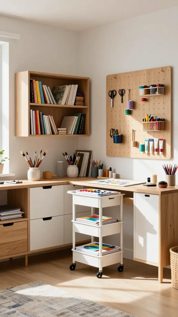 A sunlit living room corner transformed into a vibrant, functional creative studio. The focal point is a prominently featured, customized IKEA IVAR shelving system spanning a wall, showcasing a mix of natural wood and white painted sections. Its open shelves display neatly organized art books, varied colorful fabric rolls, and ceramic jars filled with paintbrushes, while integrated IVAR drawers and closed cabinets store craft tools. A small, white IKEA KALLAX unit on black caster wheels acts as a movable art cart, positioned slightly off-center, laden with sketchbooks, paint palettes, and a half-finished watercolor painting. Above a sturdy wooden desk, a large, light-colored pegboard is mounted, adorned with hanging scissors, spools of thread, and small baskets of beads, contributing to a workshop-like aesthetic. Scattered art supplies like tubes of paint and colored pencils in holders suggest active use. Natural light streams in from a nearby window, casting soft shadows and highlighting textures. The overall atmosphere is inspiring, free-spirited, and full of artistic energy, with a slightly unfinished, lived-in charm. High-resolution, realistic, professional interior photography, wide-angle shot, soft natural lighting. No text.