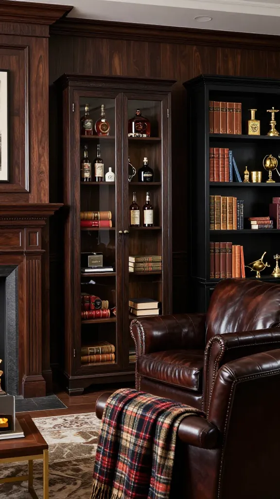 A high-quality, realistic photograph showcasing a sophisticated gentleman's study lounge. A dark-stained IKEA HEMNES glass-door cabinet, filled with vintage spirits, a humidor, and antique books, stands prominently. Adjacent to it, a black-brown IKEA BILLY bookcase is meticulously arranged with leather-bound volumes and intriguing brass curios. Two rich, dark brown leather armchairs, one draped with a luxurious tartan throw, face a grand, dark wood fireplace with a subtle, warm glow. Dark wood paneling and accents define the space, which is softly lit, creating an atmosphere of refined comfort and masculine elegance.