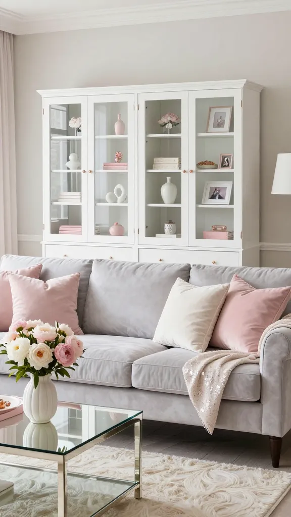 A high-quality, realistic photograph capturing an elegant and serene feminine living room. The central feature is a perfectly styled white IKEA BESTÅ storage combination with glass doors and delicate rose gold handles, prominently displaying curated treasures like blush pink coffee table books, small white ceramic sculptures, and framed personal photos with subtle rose gold accents. The room is bathed in soft, diffused natural light, emphasizing a delicate color palette of blush pinks, creamy whites, and soft grays. A plush light gray velvet sofa is adorned with an assortment of blush pink and cream velvet cushions and a subtly sequined throw draped over one arm. In front of the sofa, a sleek mirrored coffee table holds a delicate vase filled with faux blush pink and white peonies. A luxurious, textured cream rug grounds the inviting space.